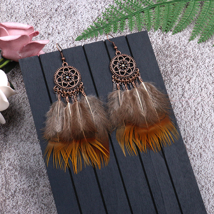 Wholesale Earrings Alloy Vintage Flowers Diamond Feather Chain Tassel MOQ≥2 JDC-ES-HH030