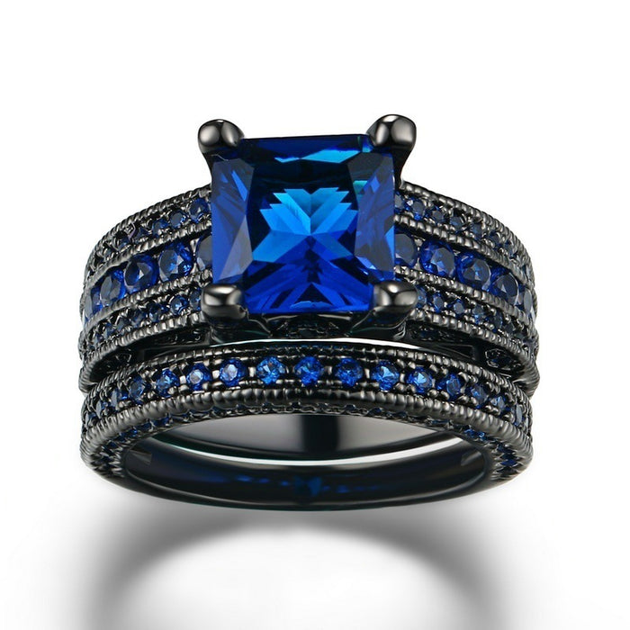 Wholesale Rings Alloy Blue Cubic Zirconia Micro Inlay Black Gold Plated Double Layer JDC-RS-AnC003