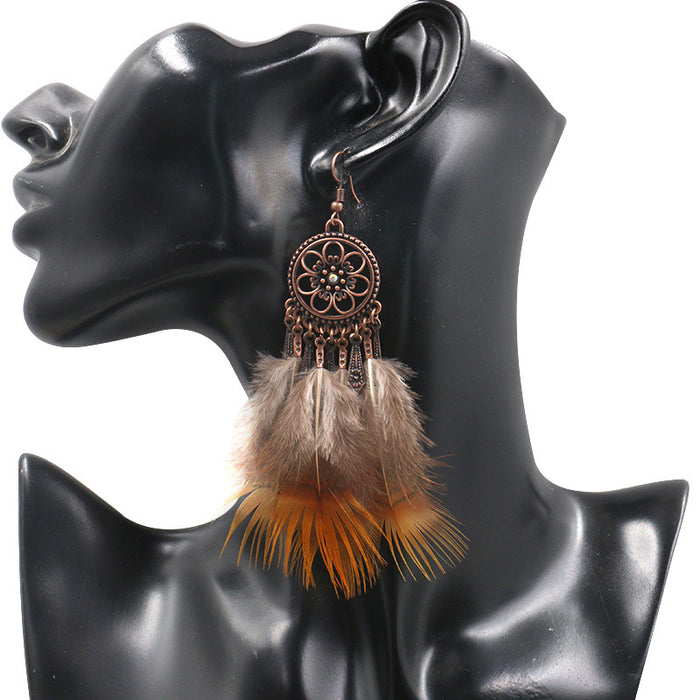 Wholesale Earrings Alloy Vintage Flowers Diamond Feather Chain Tassel MOQ≥2 JDC-ES-HH030