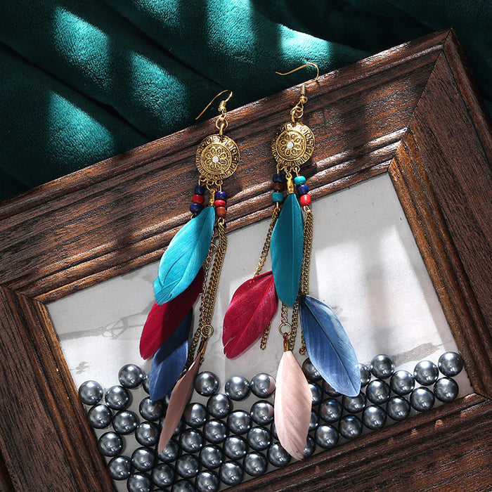 Wholesale Earrings Alloy Vintage Colorful Chain Tassel Bohemian Feather JDC-ES-YYDX001