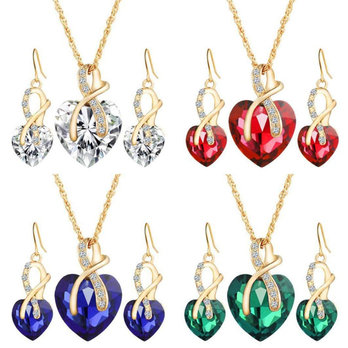 Wholesale Peach Heart Necklace Crystal Glass Earrings Necklace Jewelry Set JDC-NE-shanglu003