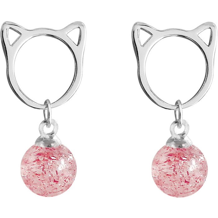 Wholesale earrings silver strawberry pink crystal cat JDC-ES-congz017