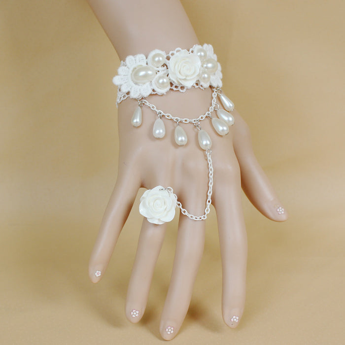 Wholesale White Rose Pearl Lace Bracelet Ring MOQ≥2 JDC-RS-FengY003