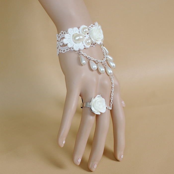 Wholesale White Rose Pearl Lace Bracelet Ring MOQ≥2 JDC-RS-FengY003