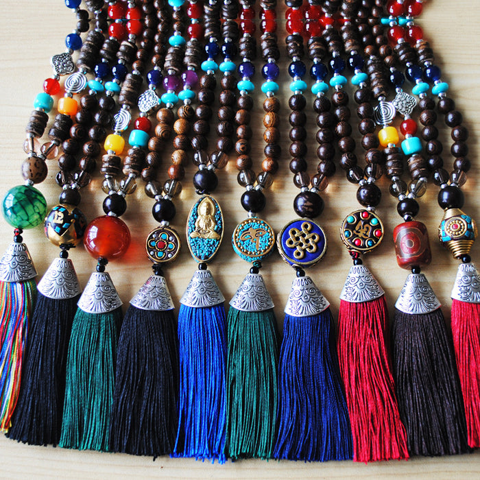 Wholesale Necklace Wooden Beads Vintage Tassel Handmade Beaded Sweater Chain JDC-NE-YouF019