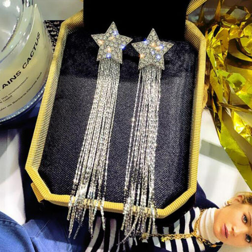 Jewelry WholesaleWholesale s925 silver needle full diamond pentagram long tassel earrings JDC-ES-Dengy009 Earrings 登云 %variant_option1% %variant_option2% %variant_option3%  Factory Price JoyasDeChina Joyas De China