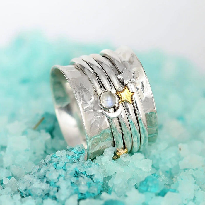 Wholesale Two Tone Star Moon Turnable Ring Ladies Trend Ring MOQ≥2 JDC-RS-QianZ005