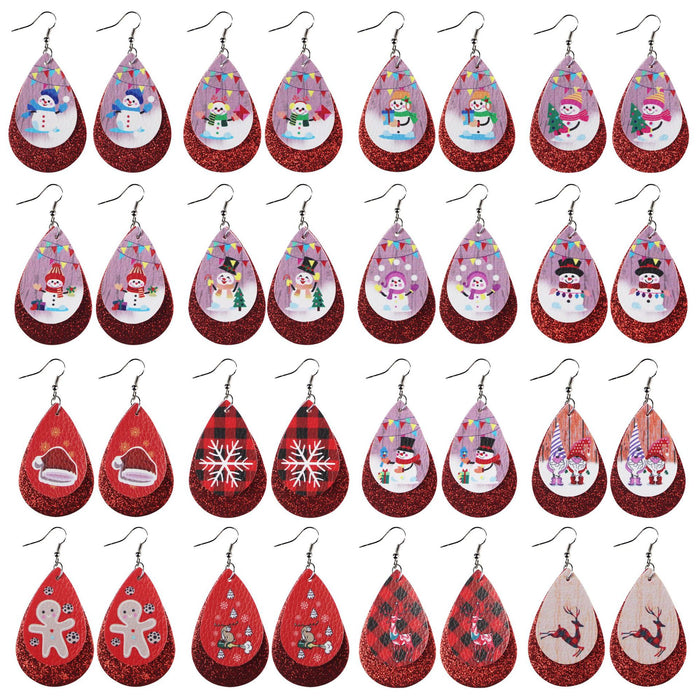 Wholesale Earrings PU Christmas Double Layer Snowman Gift MOQ≥2 JDC-ES-Tianpi008