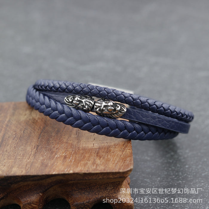 Wholesale Bracelet Stainless Steel Multilayer Lion Head Braided Leather Cord JDC-BT-SJMH002