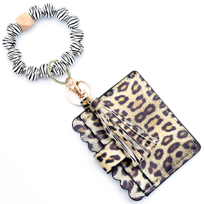 Wholesale Keychains Wooden Beads PU Leather Alloy Leopard Coin Purse Bag JDC-KC-MaoL002