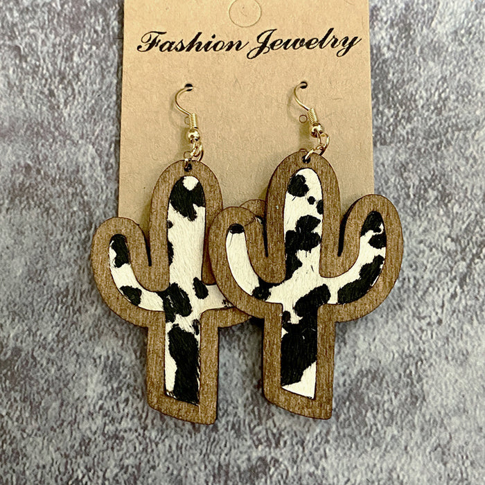 Wholesale Earrings Leather Cactus Inlaid Leopard Print Foil Stamping 2 Pairs JDC-ES-Qunyi030