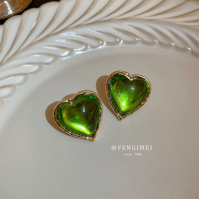 Pen de color verde plateado al por mayor Pendientes de corazón verde del corazón JDC-ES-Fengm046