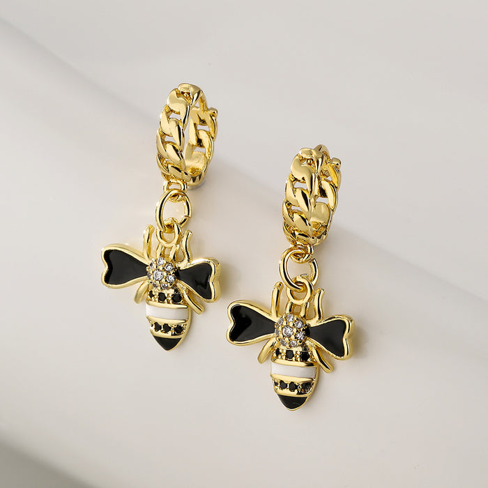 Wholesale Earrings Copper Real Gold Plated Micro Set Zircon Drop Oil Bee JDC-ES-PREMAG006
