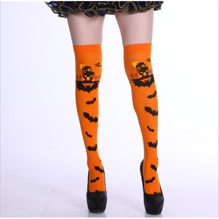 Wholesale Socks Polyester Halloween Bat Skull Bones Over Knee Stockings MOQ≥2 JDC-SK-Shuangniu001