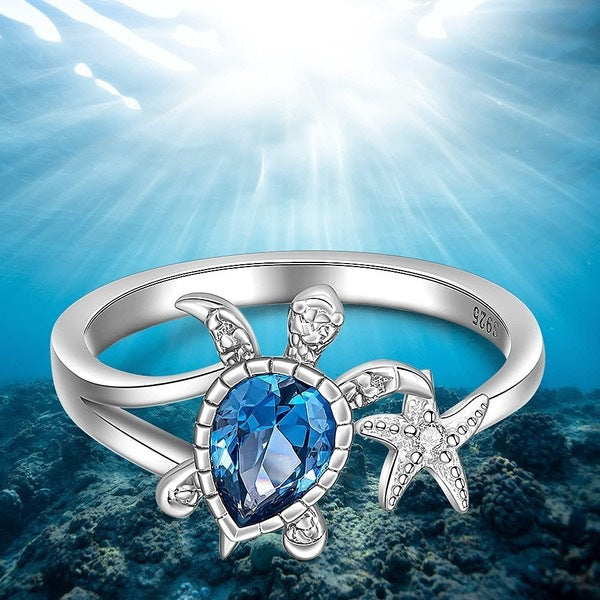 Wholesale Cute Blue Turtle Starfish Ladies Open Zircon Ring MOQ≥2 JDC-RS-QianZ008