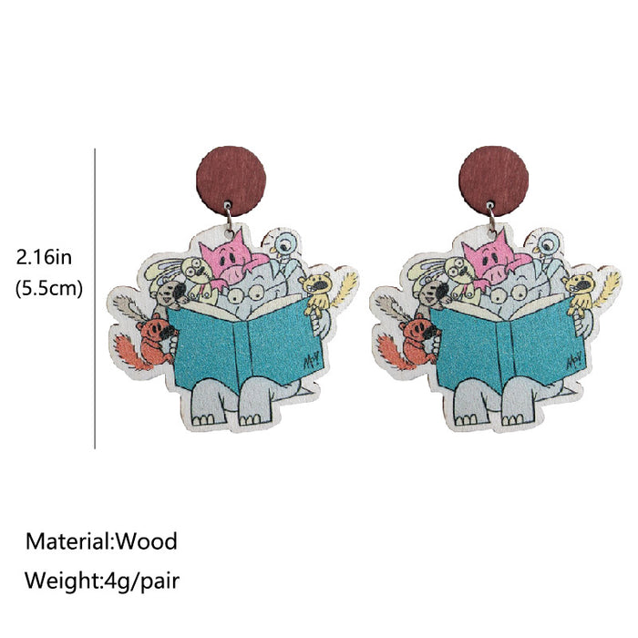 Wholesale Earrings Wooden Cute Elephant Decimal Drawing Reading 2 Pairs JDC-ES-HeYi044