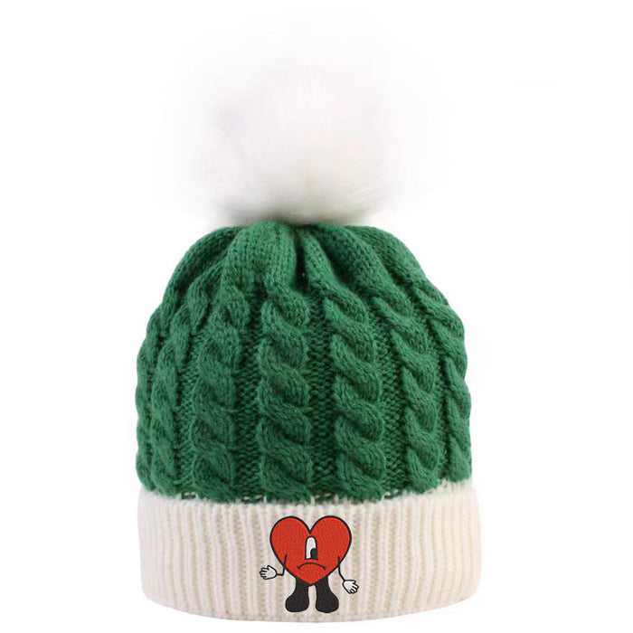 Wholesale Hat Acrylic Heart Embroidered Fur Ball Warm Knit Hat (F) JDC-FH-PNi014