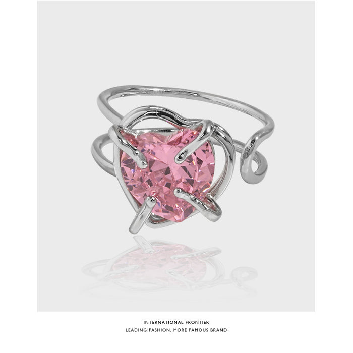 Wholesale Ring Copper Pink Zircon Irregular Heart Adjustable JDC-RS-JiuH005