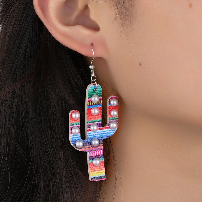 Wholesale Creative Colorful Cactus Small Pearl Earrings MOQ≥2 JDC-ES-Miaos008
