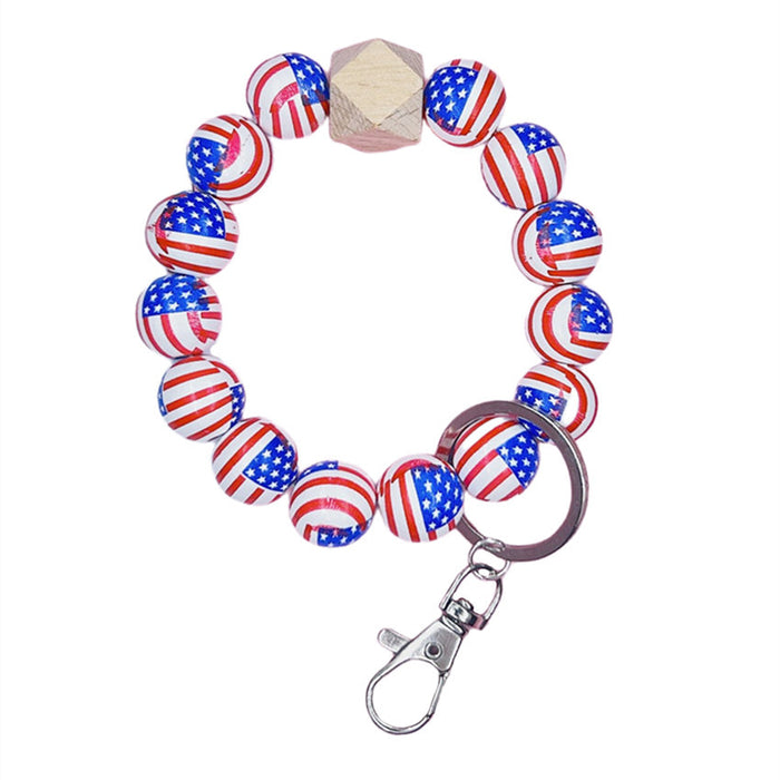 Wholesale 4th of July Printed Wooden Beads Bracelet Keychain Flag Pattern Independence MOQ≥2 Day JDC-KC-RRui002