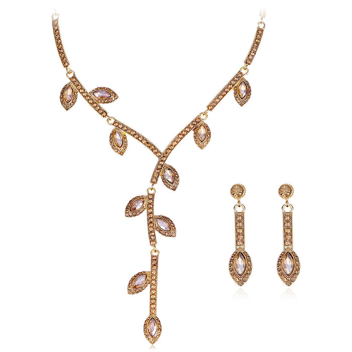 Wholesale Zinc Alloy Tassel Leaf Rhinestone Necklace Earrings Set JDC-ES-GSDB055