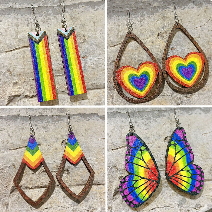 Wholesale Earrings Wooden Rainbow Love Heart Valentine Butterfly 2 Pairs JDC-ES-HeYi088