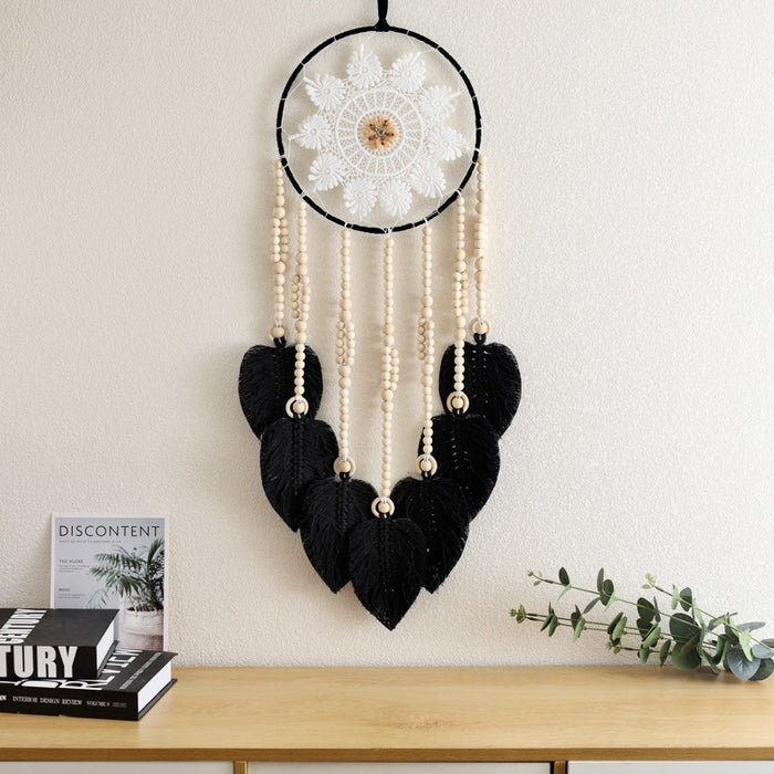 Wholesale Dream Catcher Cotton Thread Black Leaves Woven Pattern Ring Pattern Wooden Bead String JDC-DC-ZH024