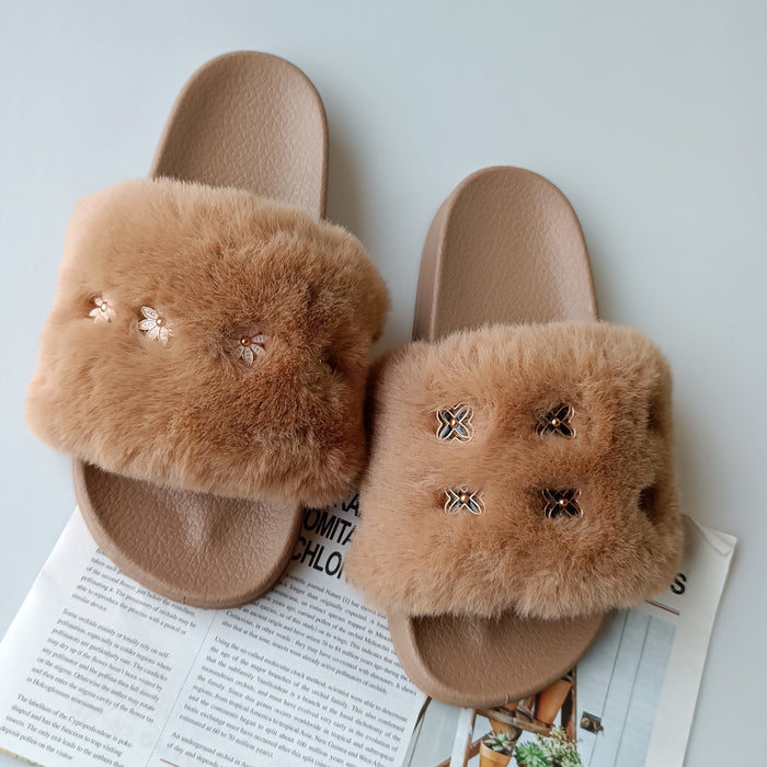 Moda de verano de verano Color Fox Fur Flat Slippers Mujeres JDC-SP-ENT001