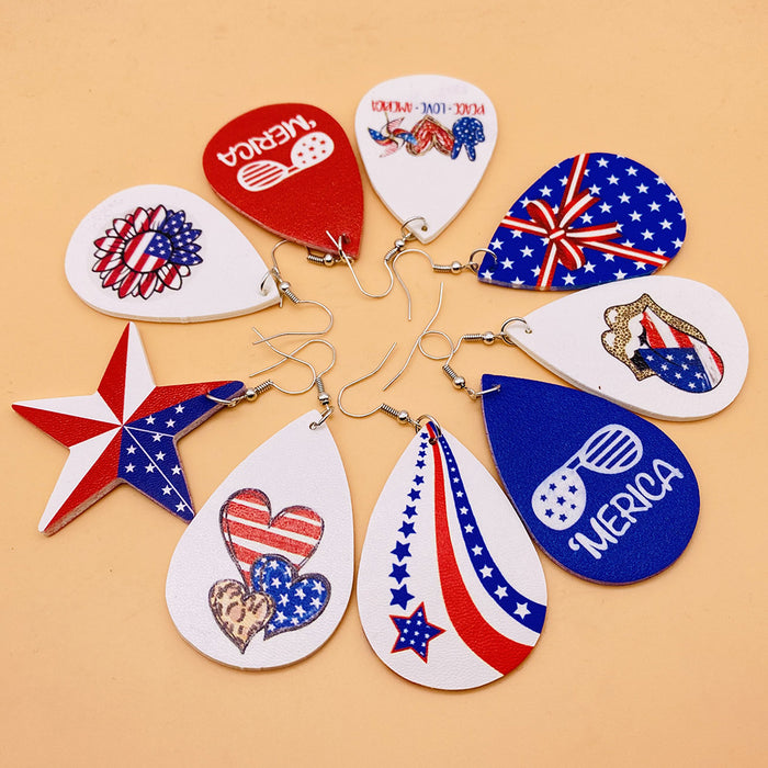 Wholesale 4th of July American Flag Leather Earrings Pentagram Independence Day Double Sided Print JDC-ES-Chengy020