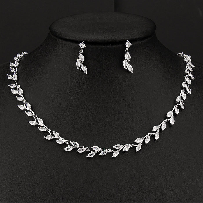 Wholesale Leaf Zircon Copper Necklace Earrings Set MOQ≥2 JDC-NE-BDY001