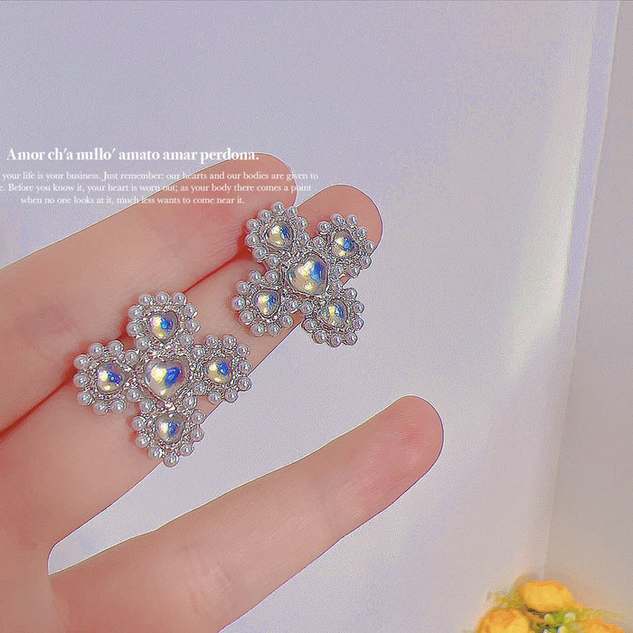 Wholesale Heart Moonstone Flower Silver Needle Alloy Earrings Ear Hook Rings JDC-ES-Qiant008