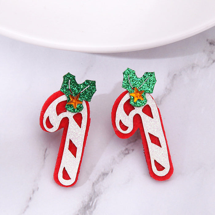 Wholesale Earrings PU Felt Cloth Christmas Cartoon Cane MOQ≥5 JDC-ES-BinL003
