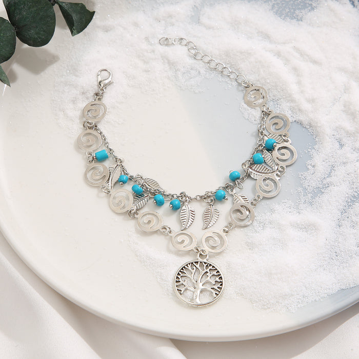 Jewelry WholesaleWholesale Tree of Life Boho Turquoise Leaf Pendant Double Layer Anklet JDC-AS-F508 Anklets 韩之尚 %variant_option1% %variant_option2% %variant_option3%  Factory Price JoyasDeChina Joyas De China