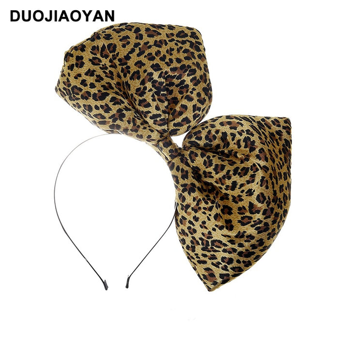 Wholesale Leopard Print Exaggerated Oversized Bow Satin Cloth Iron Headband MOQ≥3 JDC-HD-Jiaoy012