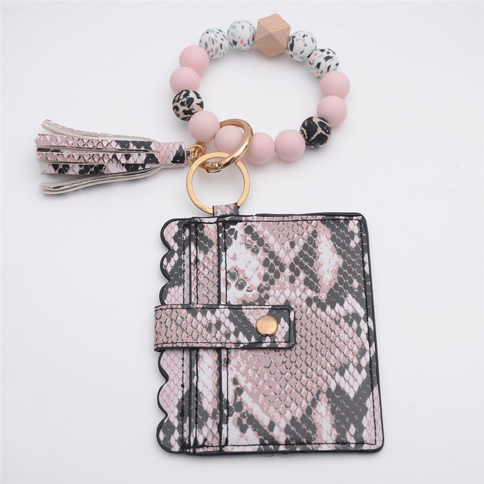 Wholesale Keychains PU Leather Silicone Beads Wooden Beads Card Holder Random 24pcs JDC-KC-XianF002