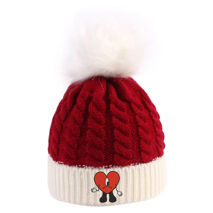 Wholesale Hat Acrylic Heart Embroidered Fur Ball Warm Knit Hat (F) JDC-FH-PNi014