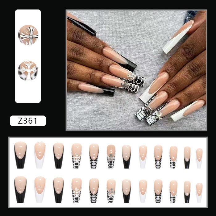 Wholesale wearing nails finished black mysterious cross pattern three-dimensional fake nails JDC-NS-QiH005