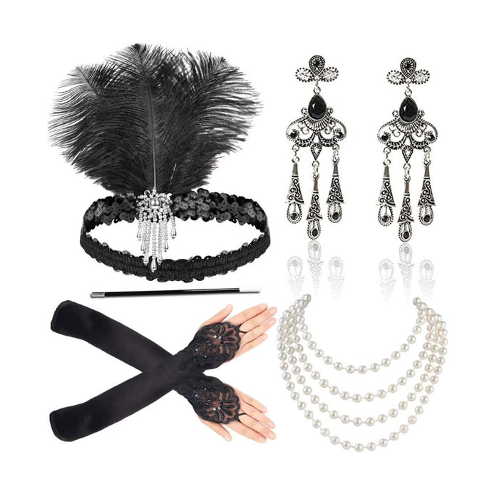 Wholesale Clothes Gatsby Party Feather Headband Pearl Necklace Set MOQ≥10 JDC-CTS-LangDao002