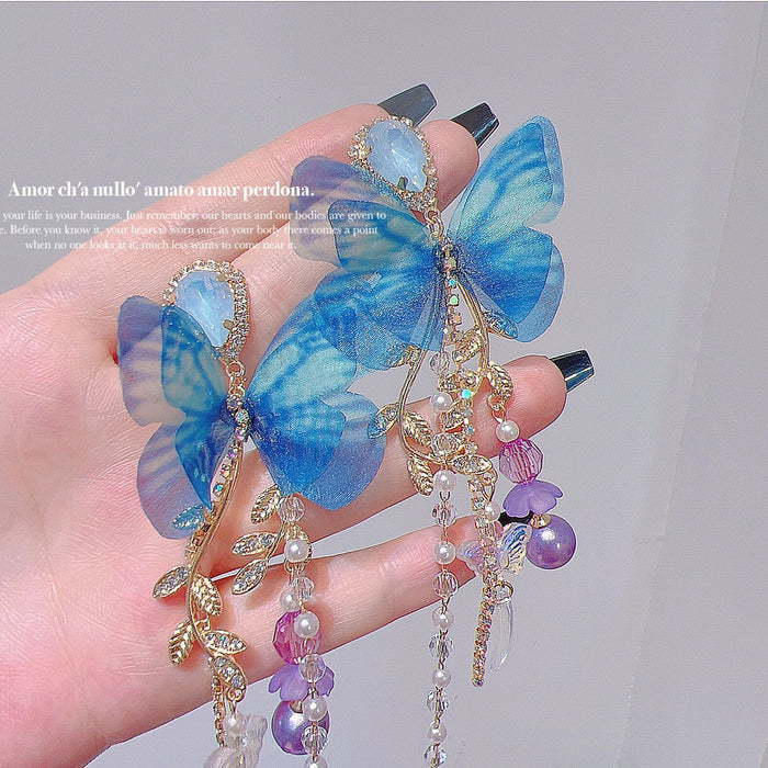 Wholesale Blue Embroidered Butterfly Ball Beads Flower Tassel Earrings JDC-ES-qiant012