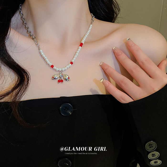 Wholesale necklace alloy diamond-encrusted cherry bow pearl JDC-NE-BY080
