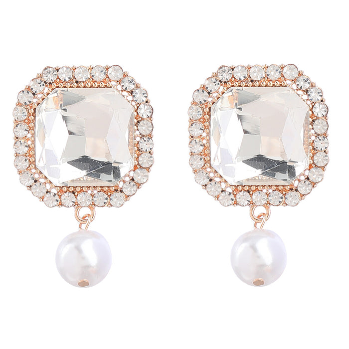 Pendientes cuadrados de perlas al por mayor de rehinestona de diamantes de vidrio imitación de diamante Pearl JDC-ES-JL1085