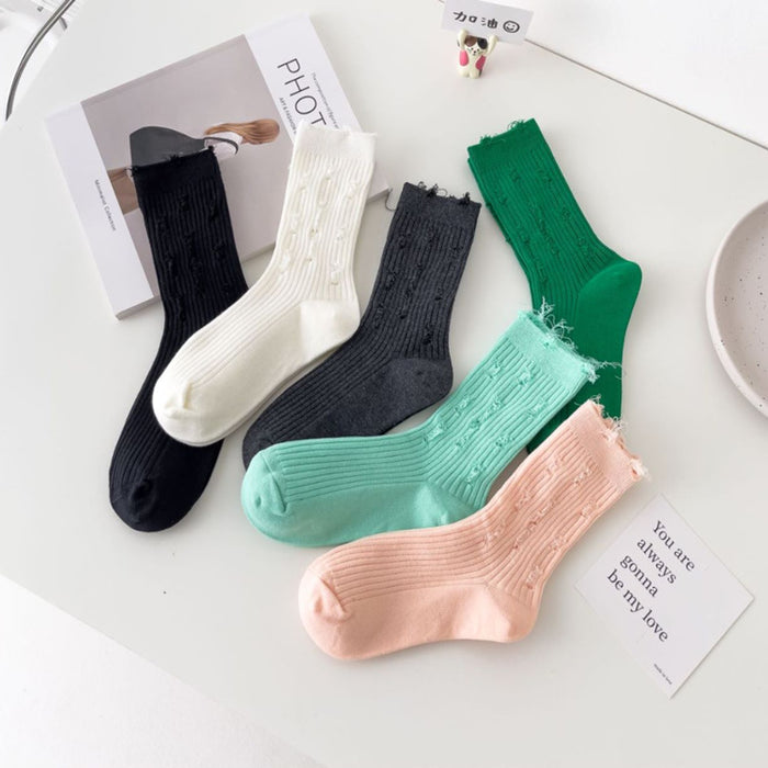 Wholesale ripped socks women's mid tube outer wear solid color trendy socks JDC-SK-XQQ001