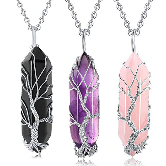 Wholesale Necklace Copper Wire Natural Stone Crystal Hexagonal Pillar Tree of Life MOQ≥2 JDC-NE-Xinyue006