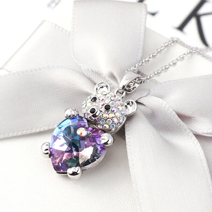 Wholesale Cartoon Cute Full Diamond Holding Love Bear Pendant Amethyst Necklace JDC-NE-XunO052