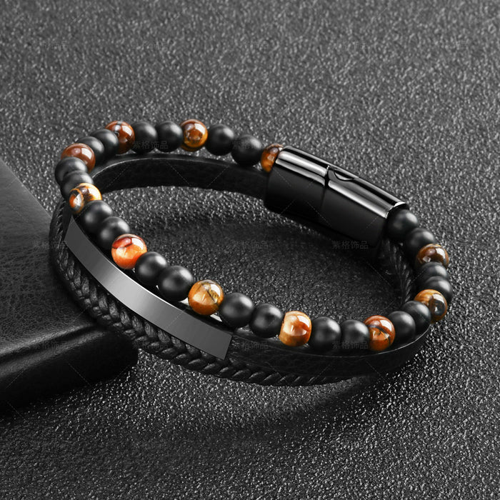 Wholesale tiger eye natural stone bead leather rope weaving Mens Leather Bracelet JDC-BT-ZiGe004