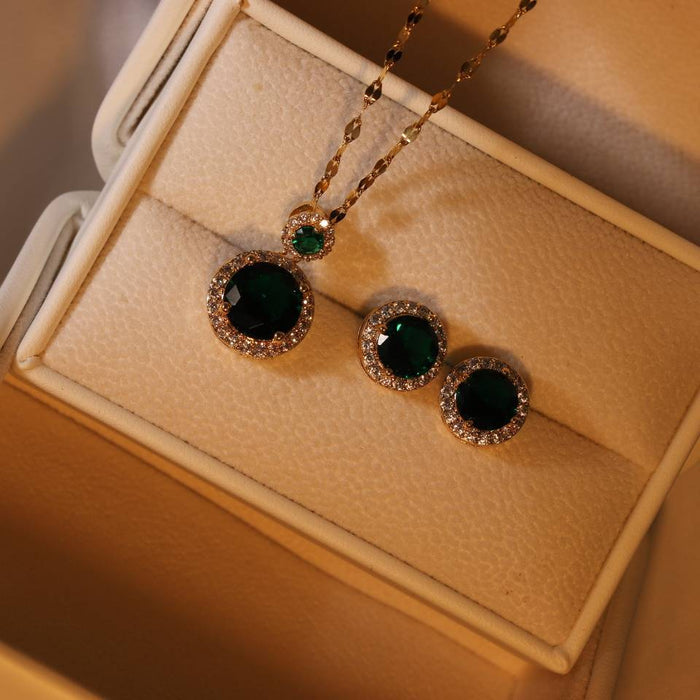 Wholesale Necklace Stainless Steel Emerald Zircon Earrings Set JDC-NE-MingYuan004