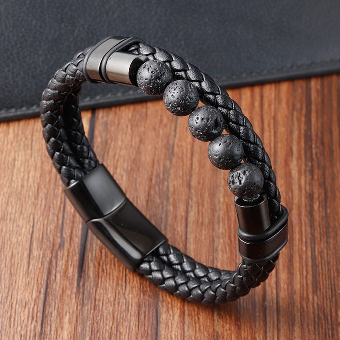 Wholesale Bracelet Stainless Steel Leather Woven Natural Stone JDC-BT-OuSD012