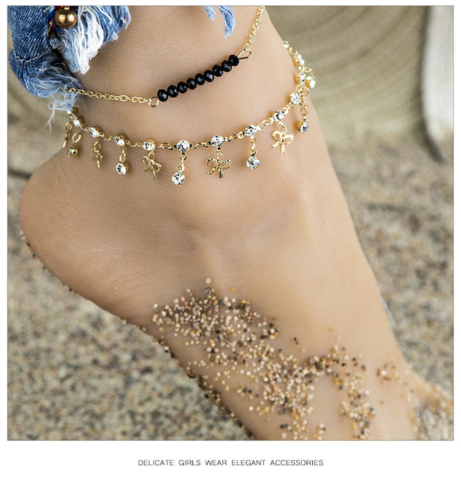 Wholesale glittering rhinestone Bow Pendant Black Beads Foot Chain JDC-AS-ZuanL007