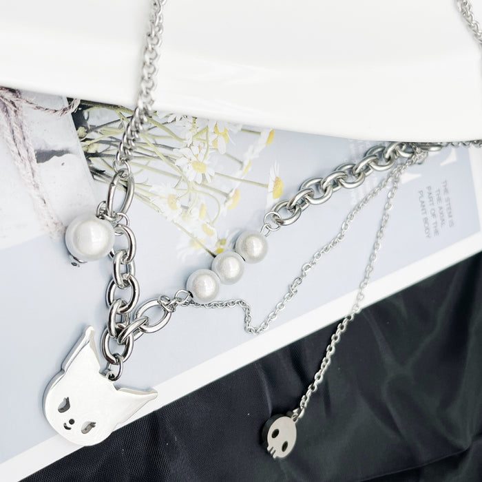 Wholesale Necklace Titanium Steel Cute Cartoon Pearl Reflective Clavicle Chain (S) JDC-NE-YiL011