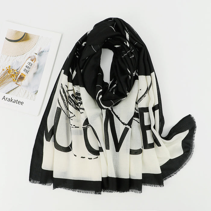 Wholesale Scarf Cotton Linen Simple Black And White Classic Tassel Sunscreen Shawl JDC-SF-Xiaobang003